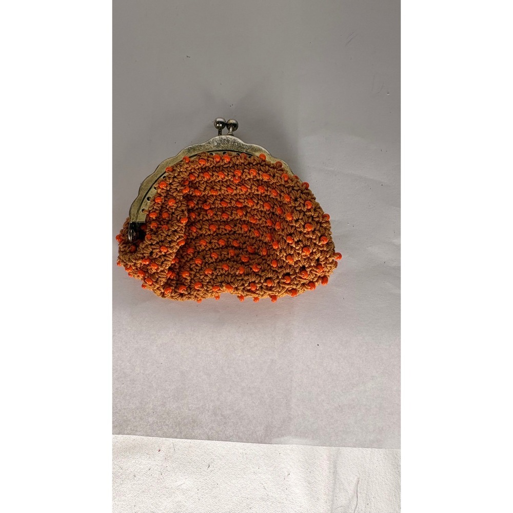 Vintage Crochet Beaded Coin Purse Kiss Lock Brown Orange Boho Change Pouch